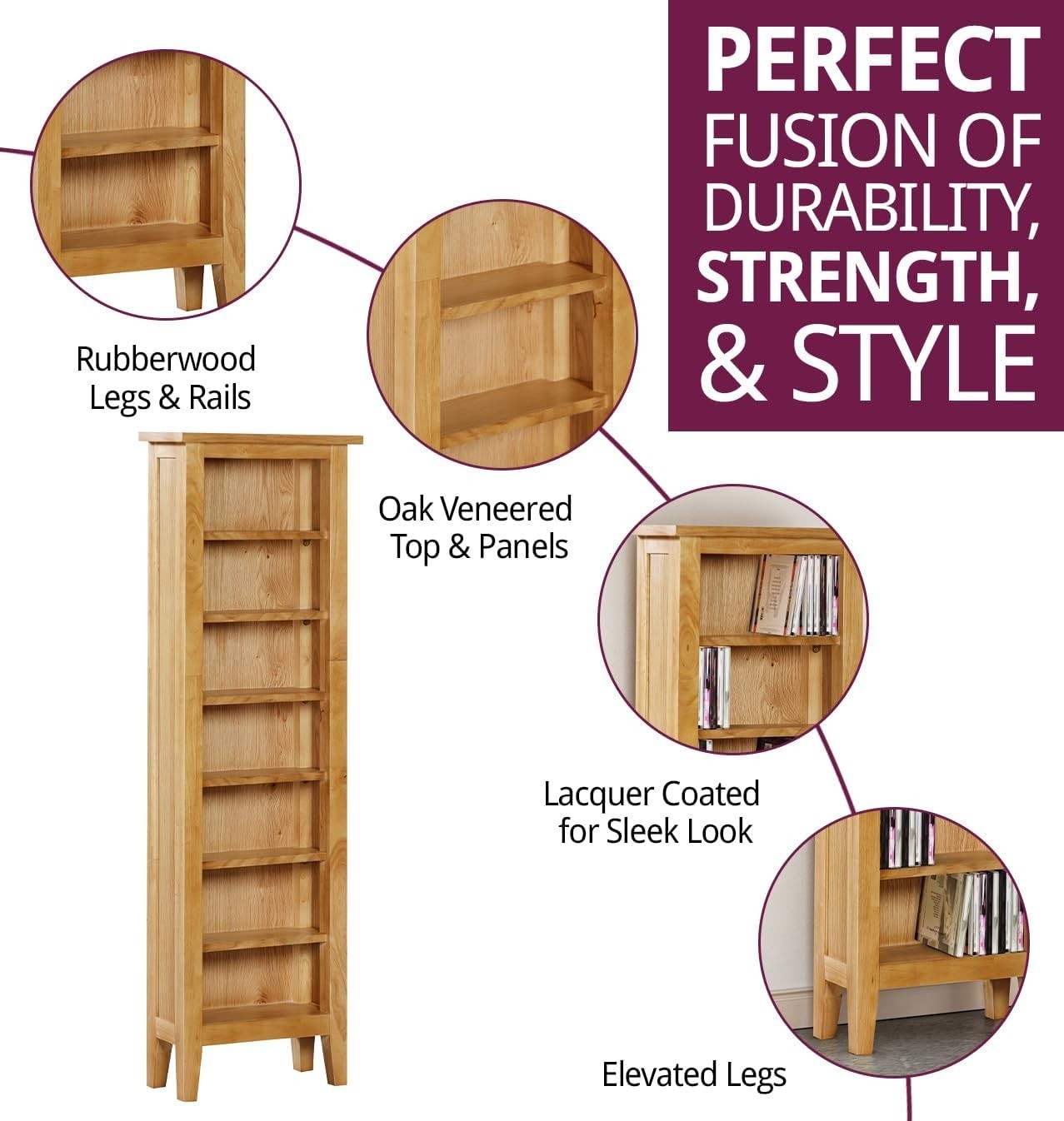 Solid Wood CD Storage Tower 7 Tier Media Rack Bookcase Oak Finish