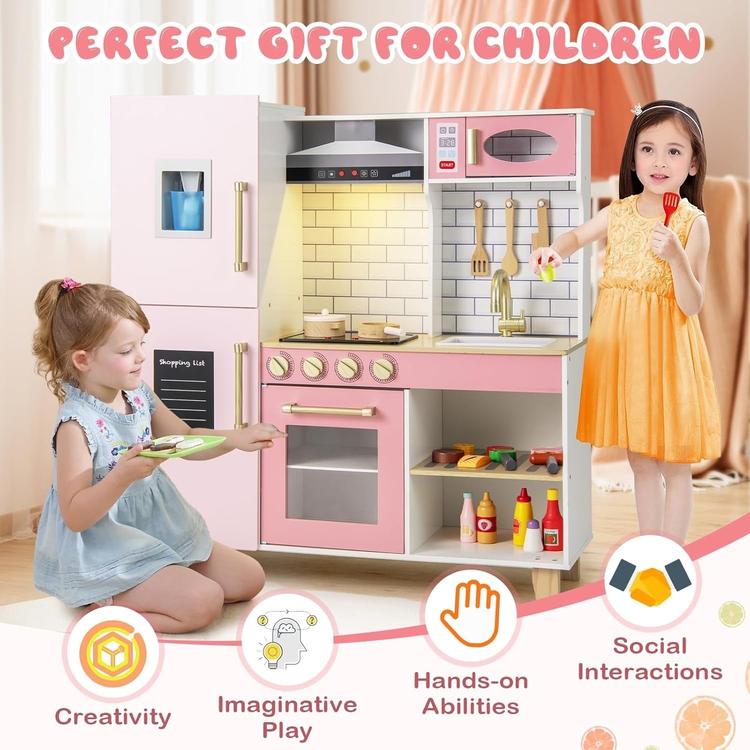 Wooden Kids Play Kitchen Pink Lights Sounds Chalkboard Toy Set