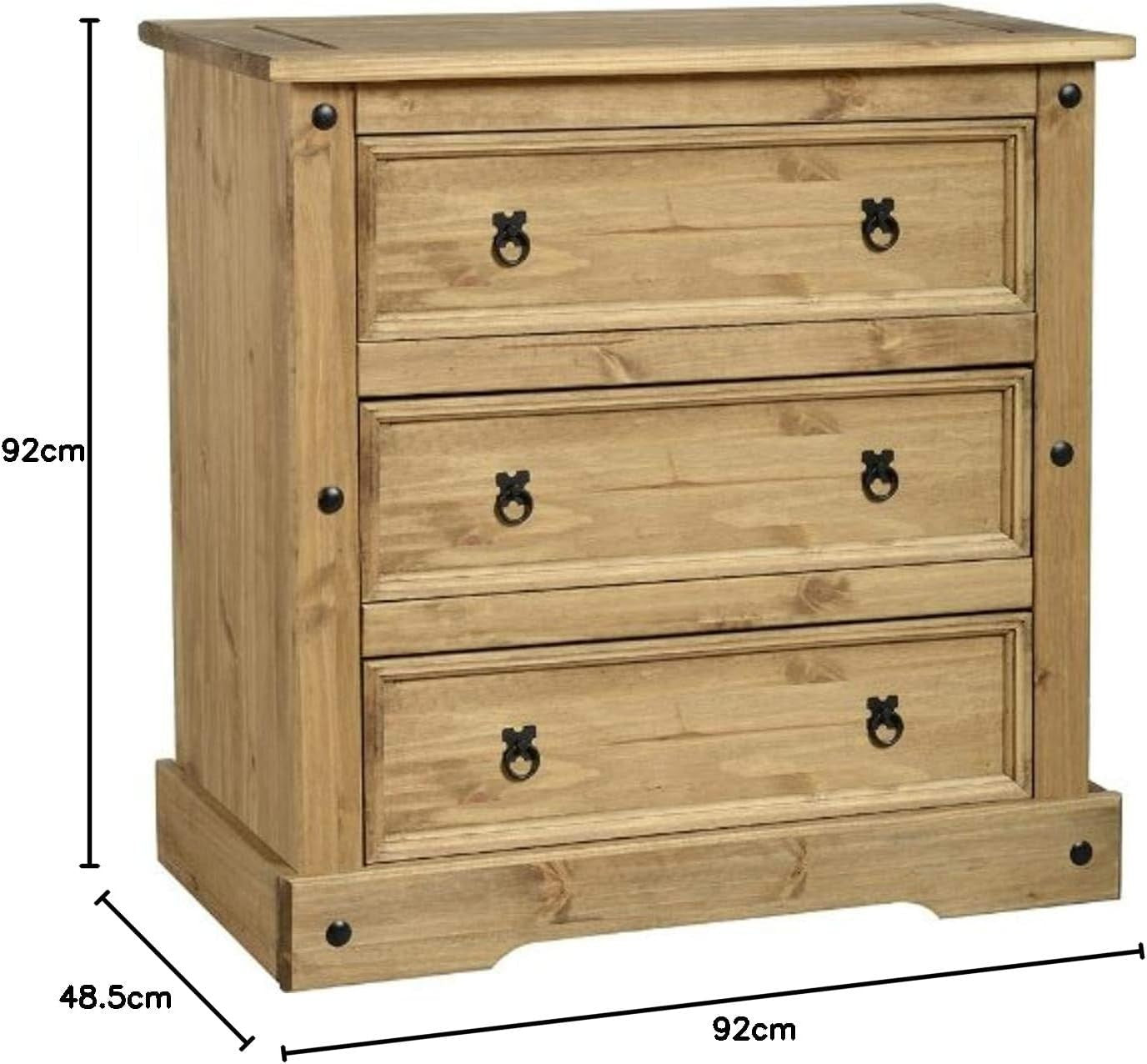 Rustic Pine 3 Drawer Chest, Wax Finish Storage Unit, 92x92x48.5cm Wood