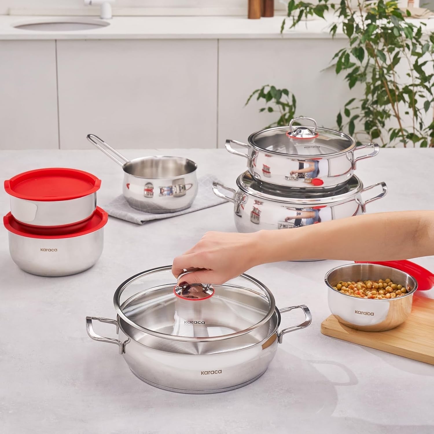 13pc Stainless Steel Induction Cookware Set with Glass Lids & Storage Containers