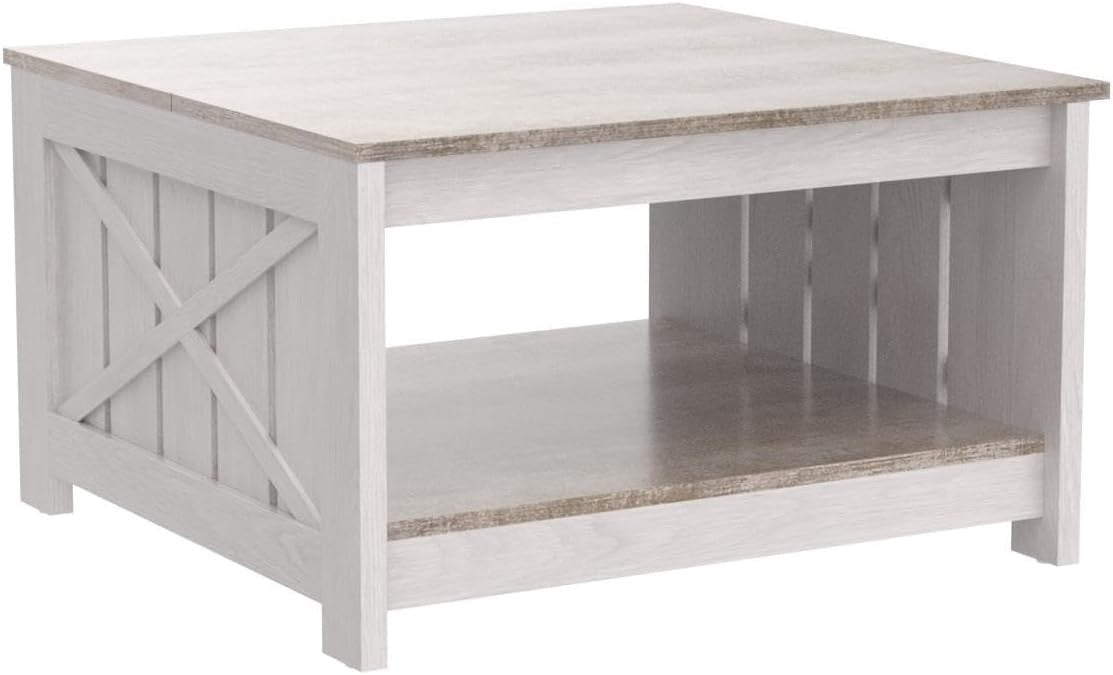 Square Rustic Coffee Table with Storage, Grey Wash Farmhouse Modern Design