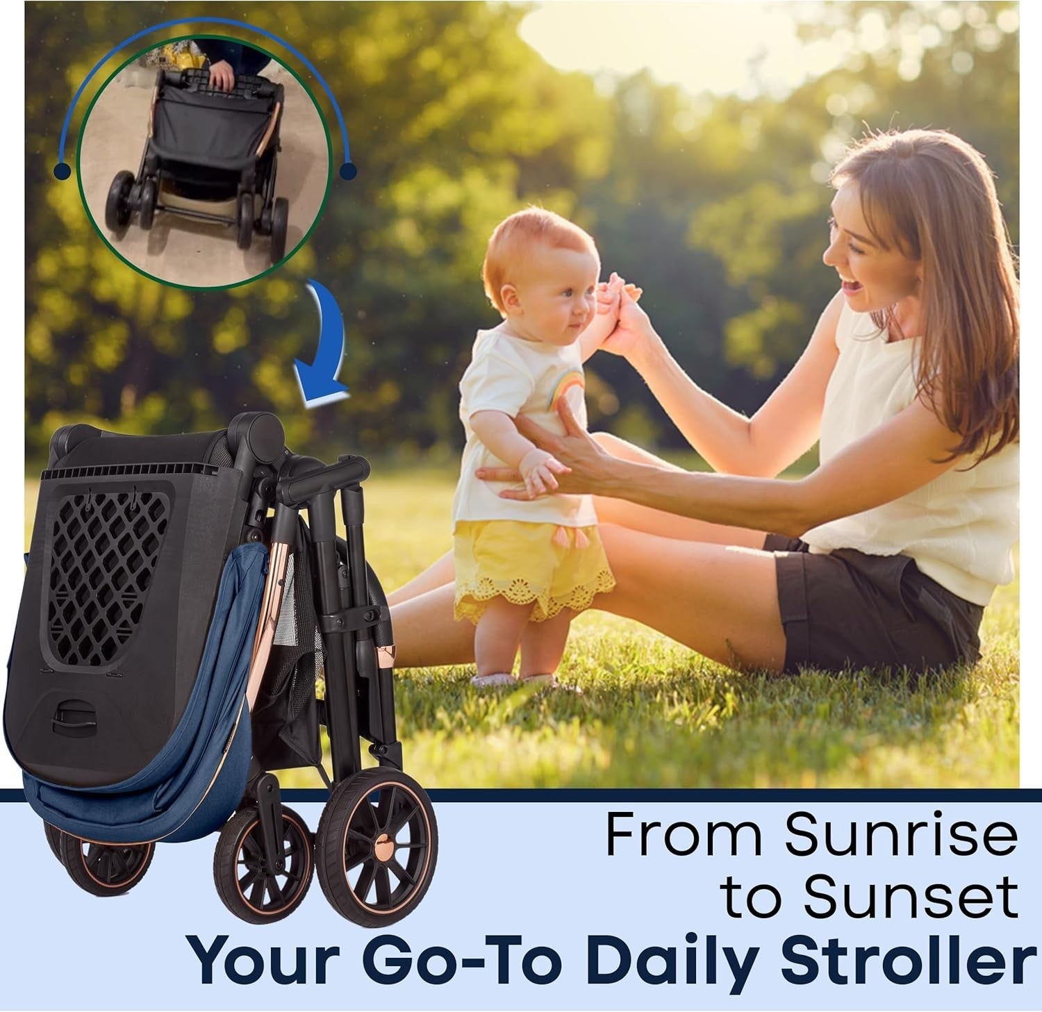 Baby Pushchair Reclining Seat Smooth Suspension Compact Stroller Blue