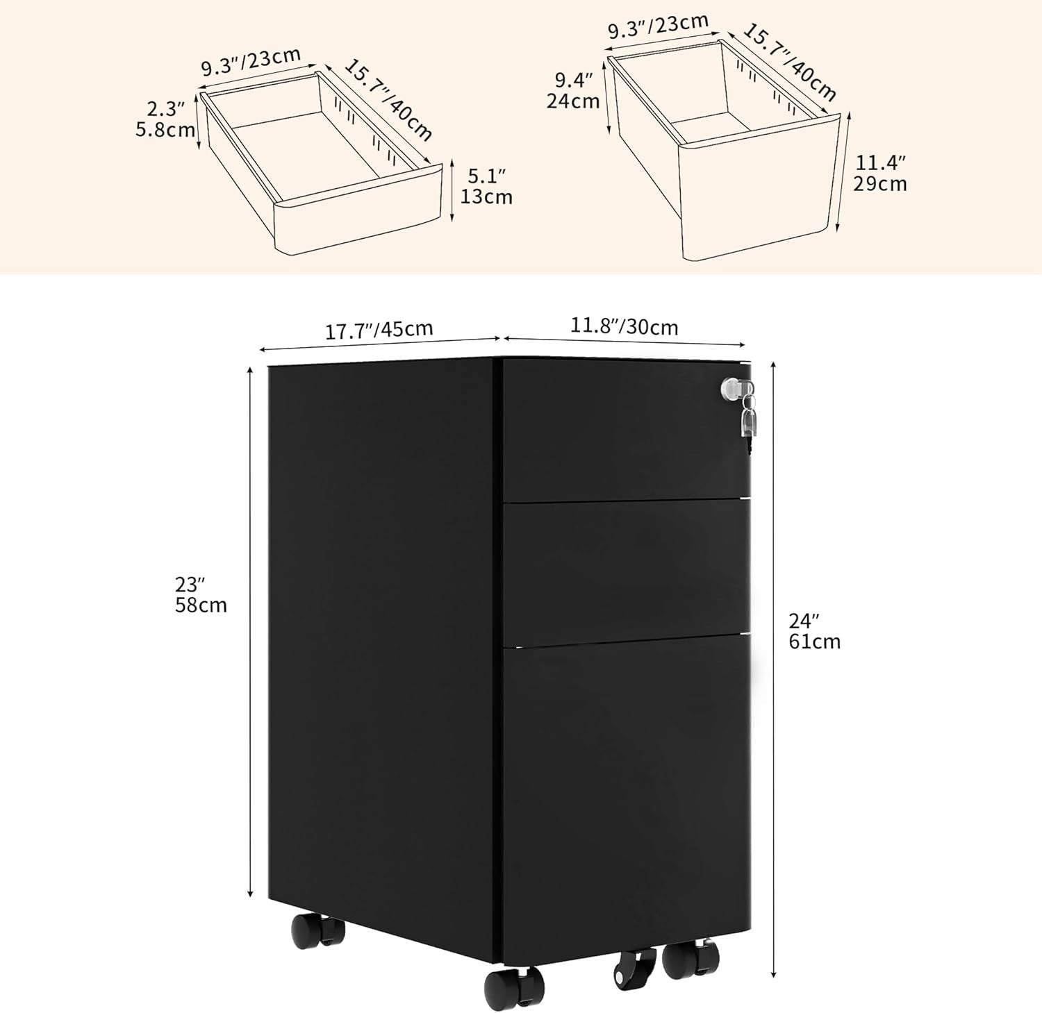 Black 3 Drawer Lockable Metal File Cabinet 30x45x61cm Slim