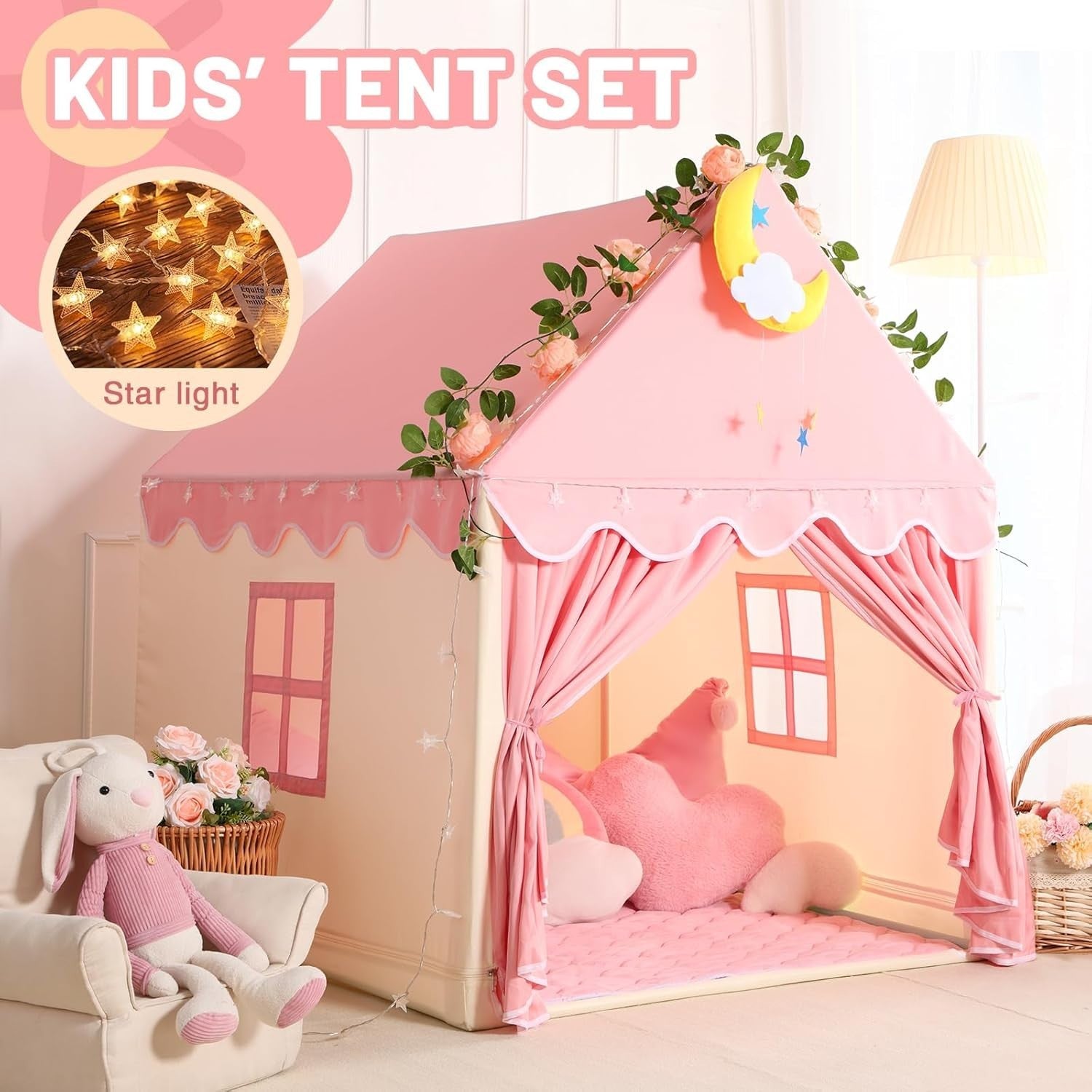 Kids Princess Play Tent with Lights Indoor Playhouse Pink Yellow