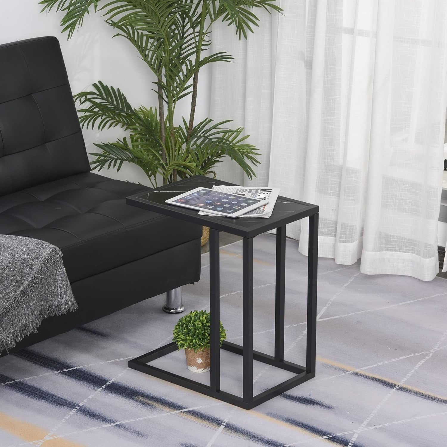 C Shape Side Table Black Marble | Slim Metal Frame Sofa Snack Coffee Stand