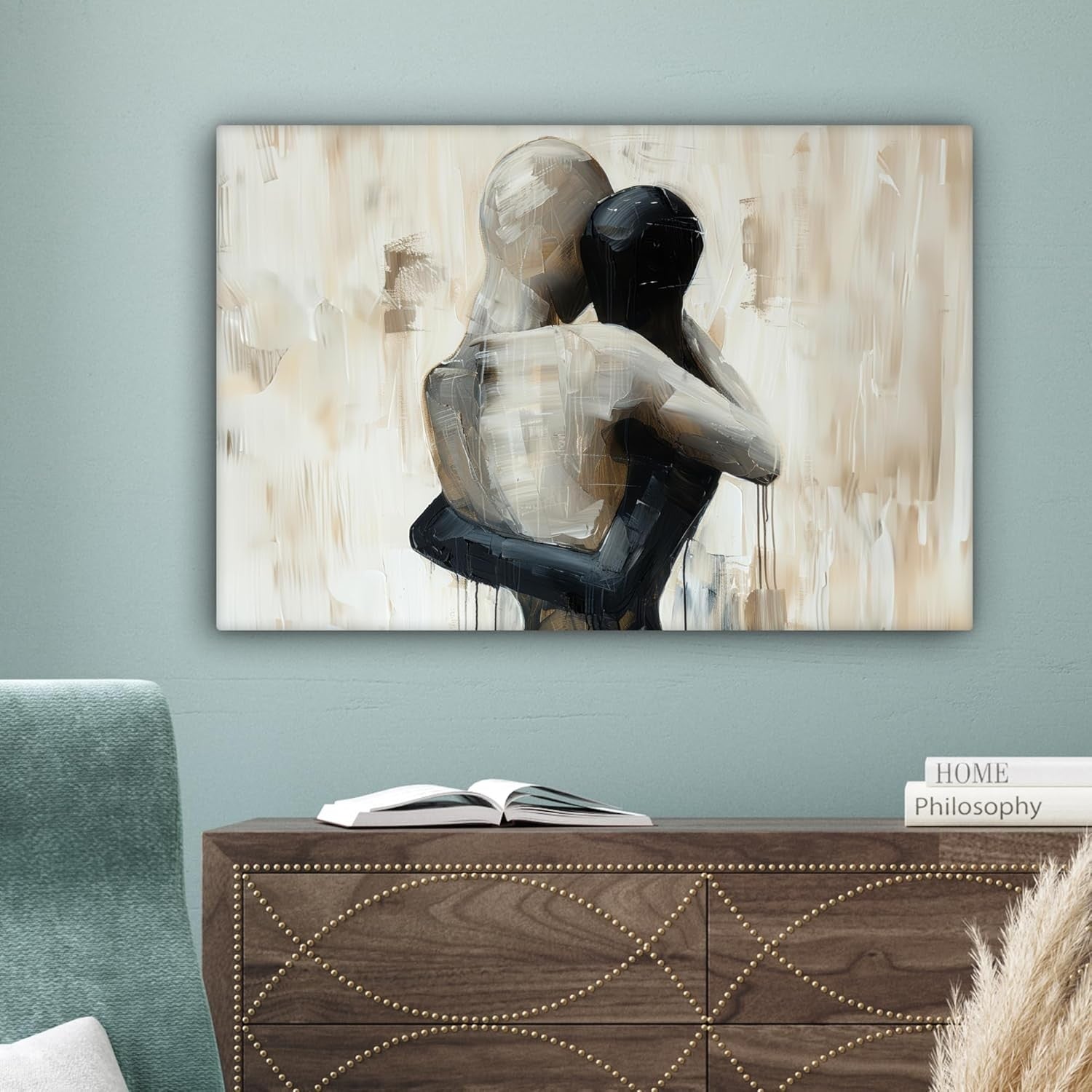 Abstract Couple Canvas Wall Art 60x40cm Framed Beige Modern