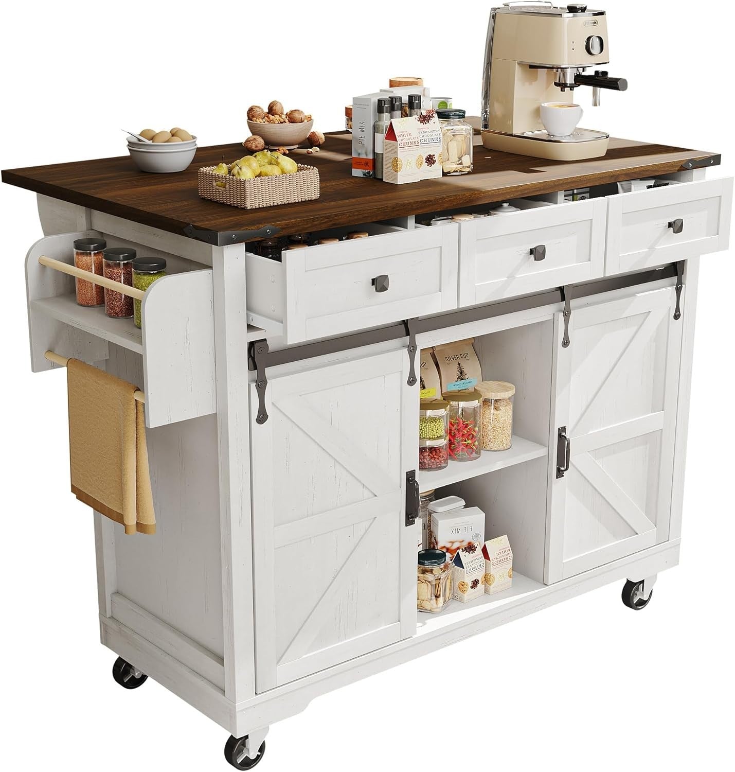 Rolling Kitchen Island Cart with Sliding Doors, 3 Drawers & Foldable Sideboard