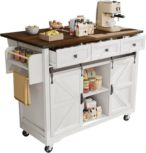 Rolling Kitchen Island Cart with Sliding Doors, 3 Drawers & Foldable Sideboard