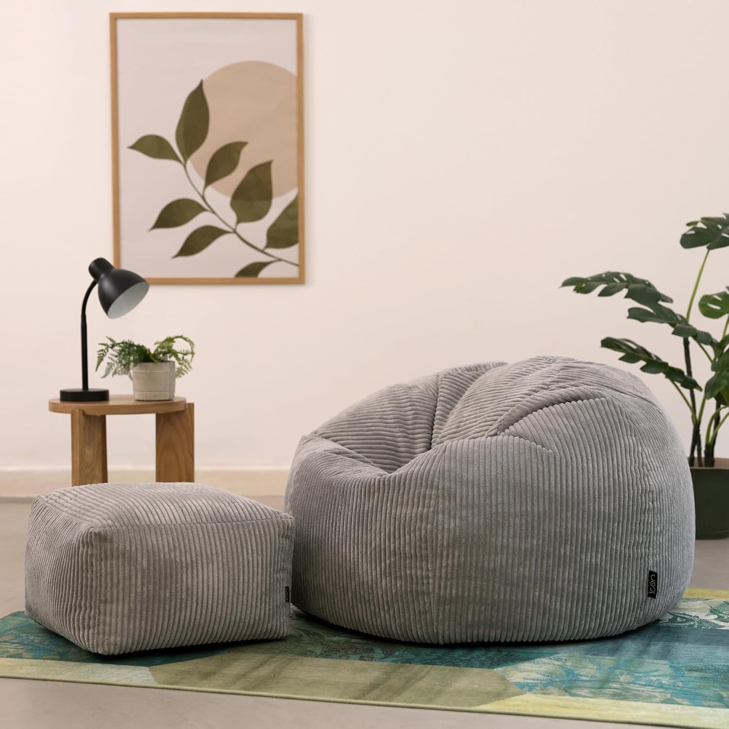 Large Corduroy Bean Bag Chair with Footstool, Adult Lounge Seat