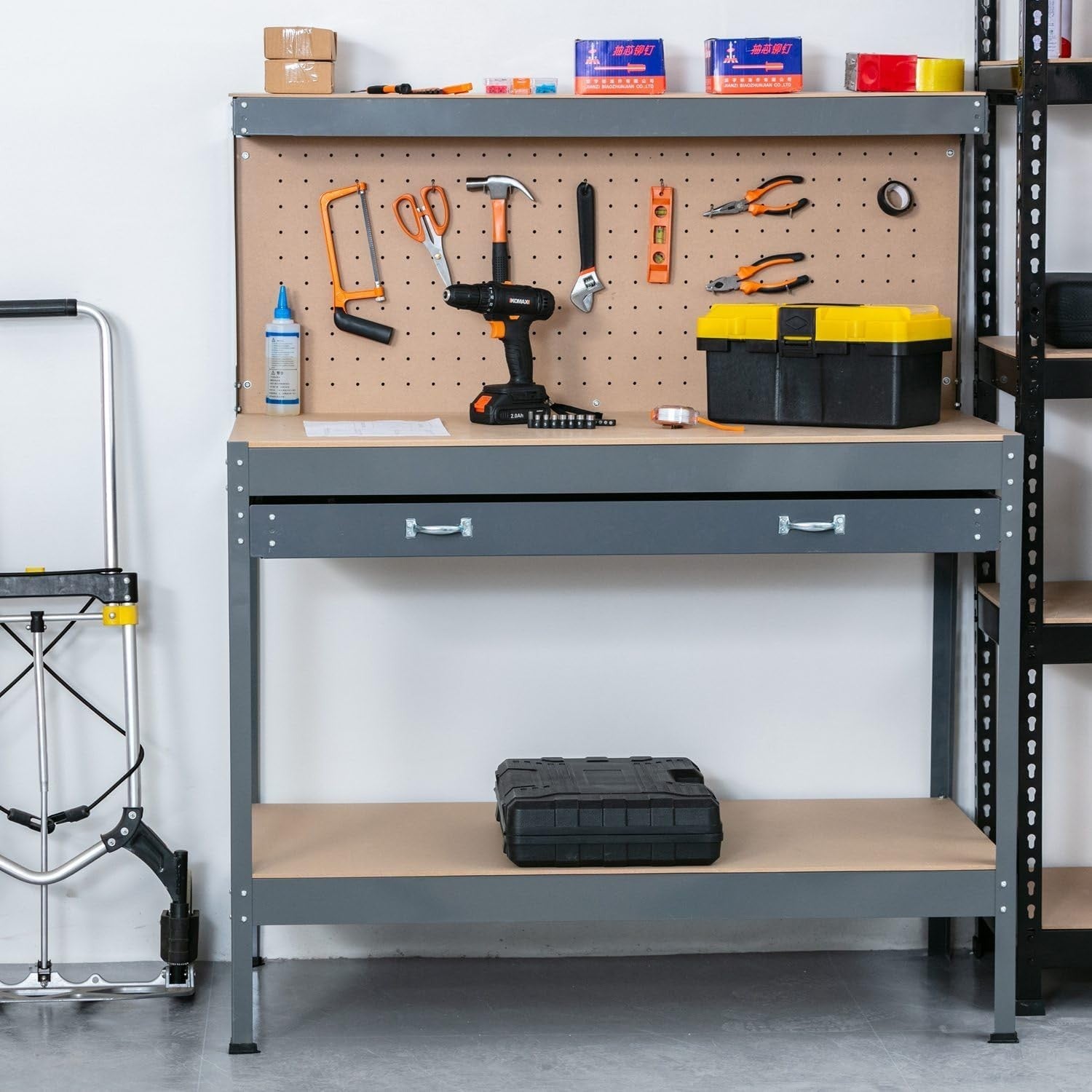 Grey Steel Garage Workbench Tool Station w/ Drawer Pegboard Shelf DIY Storage