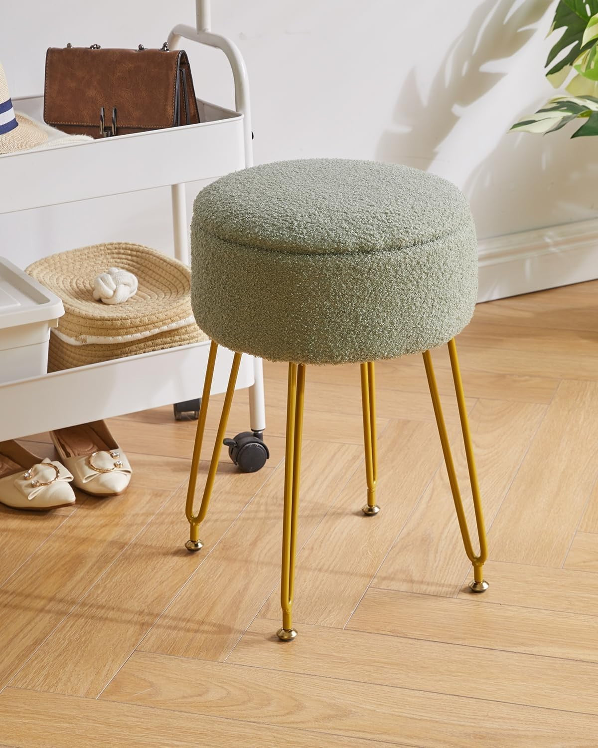 Light Green Teddy Velvet Storage Footrest Stool – Golden Leg Vanity Ottoman