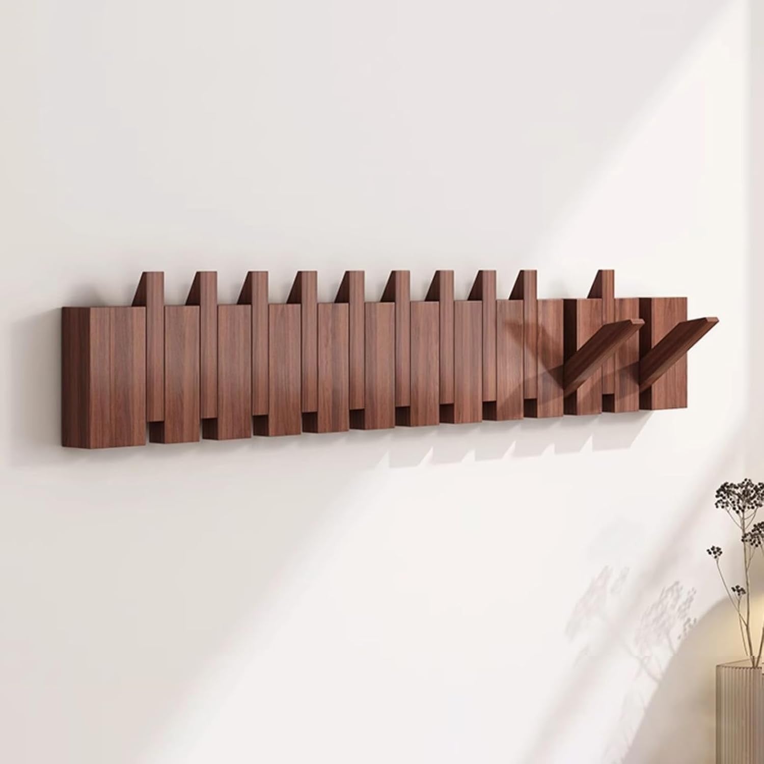 Luxury Wooden Wall Mounted Coat Rack 12 Flip Hooks Modern Folding Hanger