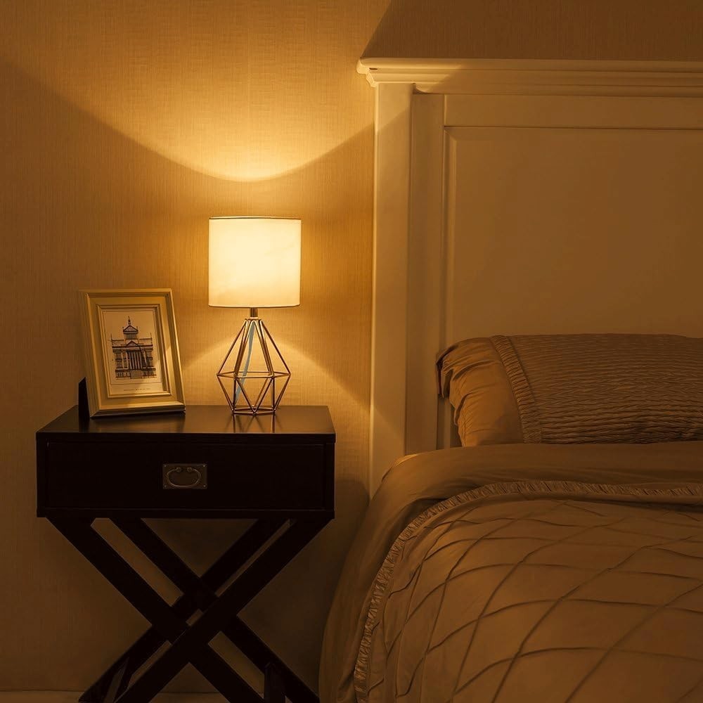 Gold Modern Small Table Lamp with Geometric Base & White Fabric Shade