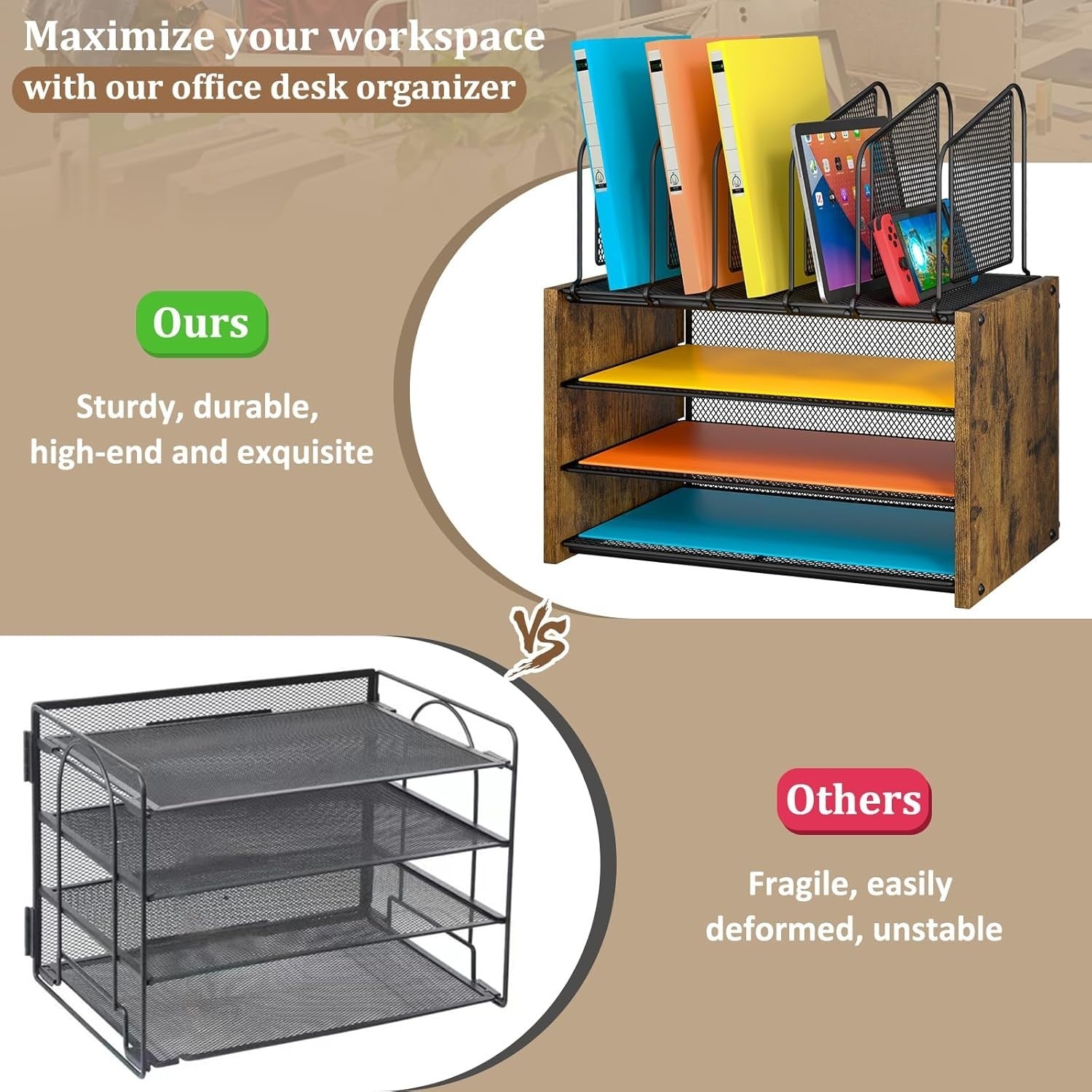 4 Tier Desk Organizer File Holder Letter Tray Wooden Office Desktop Storage