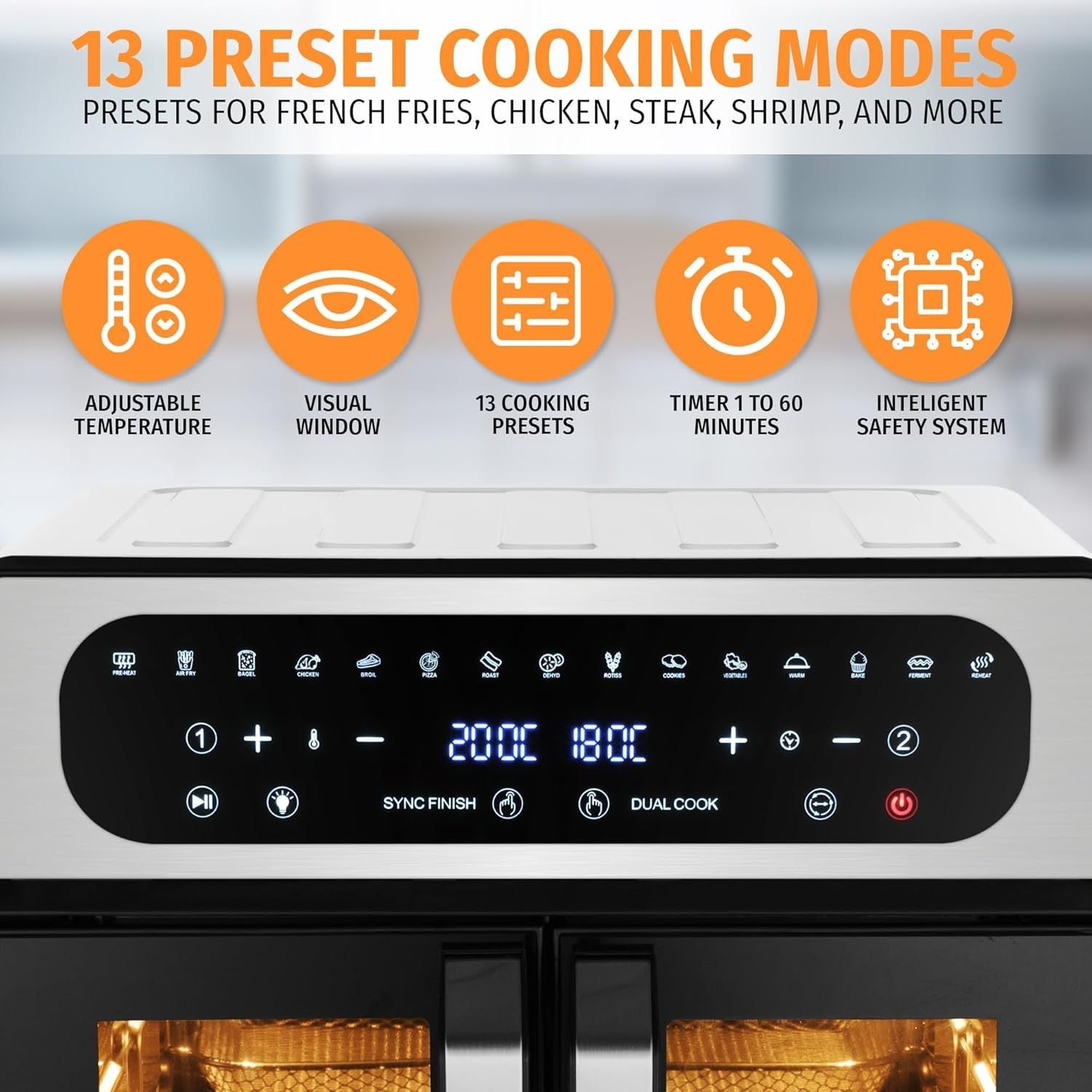20L Air Fryer Oven French Doors 2200W 13 Modes Touchscreen 12 Accessories