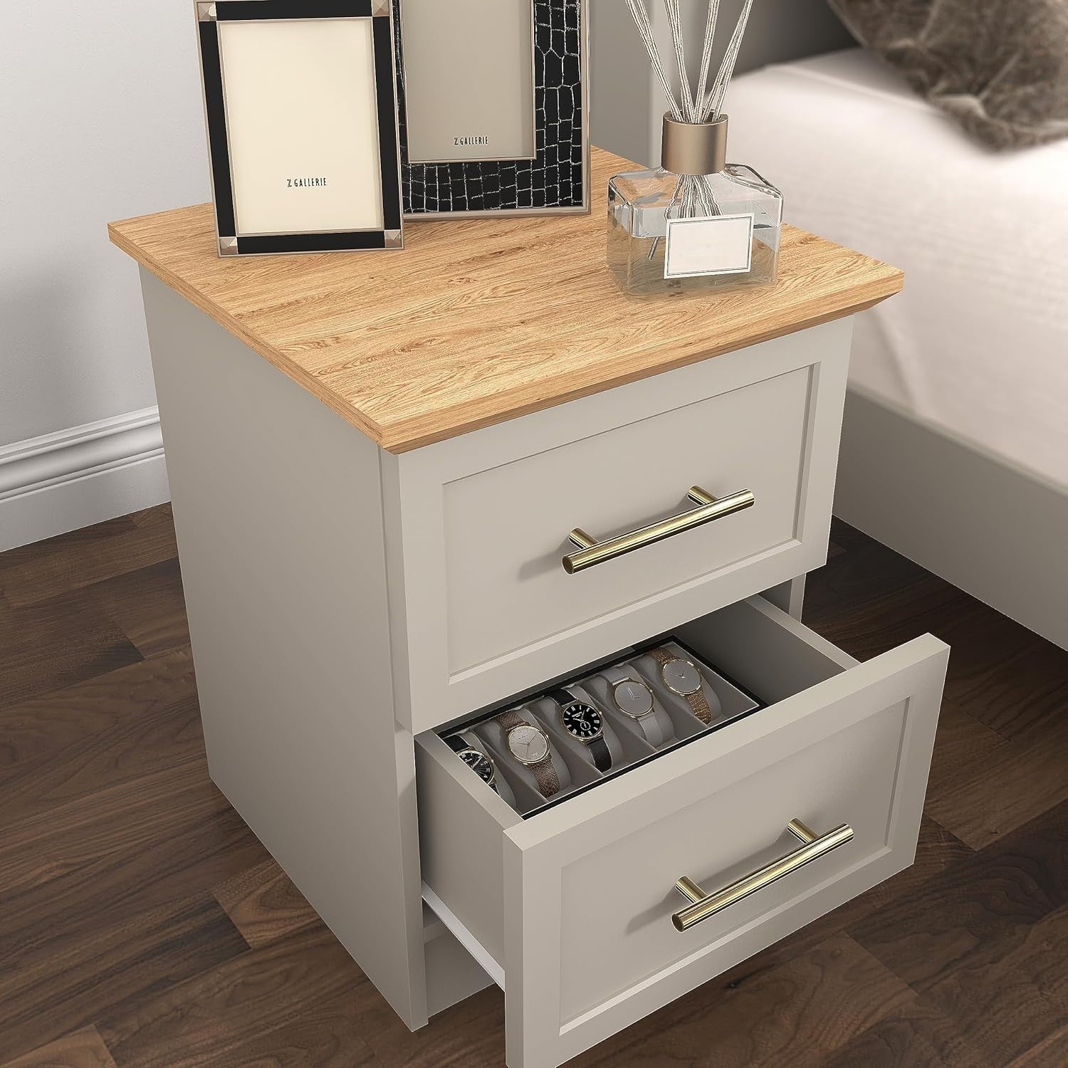 Light Grey & Oak 2 Drawer Bedside Table | Modern Bedroom Storage Nightstand