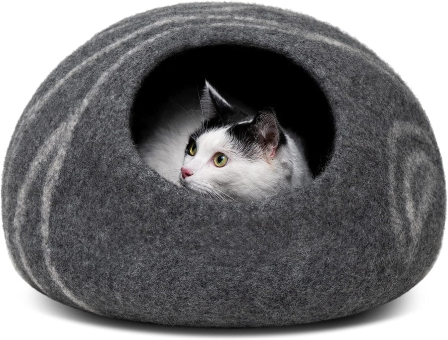 Medium Felt Cat Cave Bed Handmade Merino Wool Indoor Cat House Grey