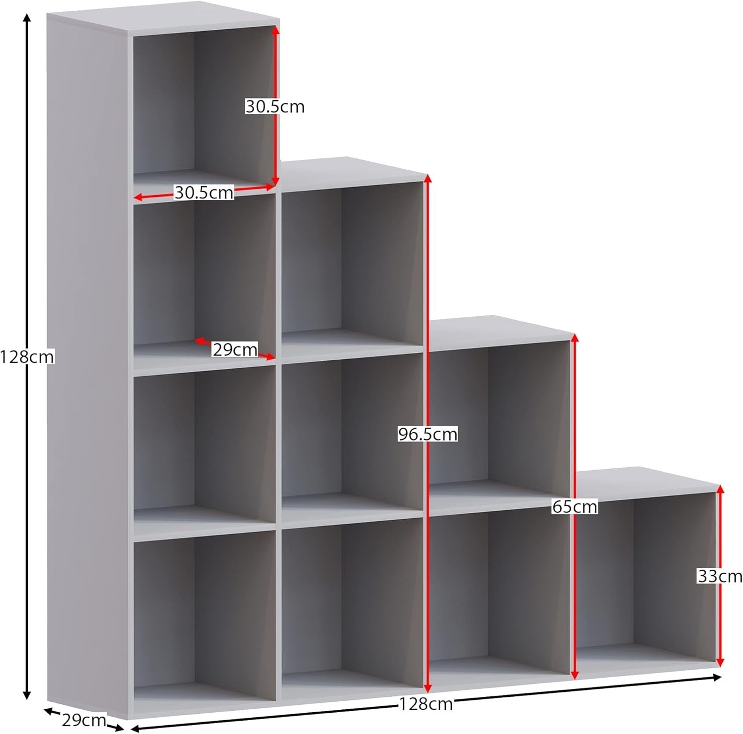 Grey 10 Cube Staircase Bookcase Shelf Unit + 5 White Storage Baskets Modern