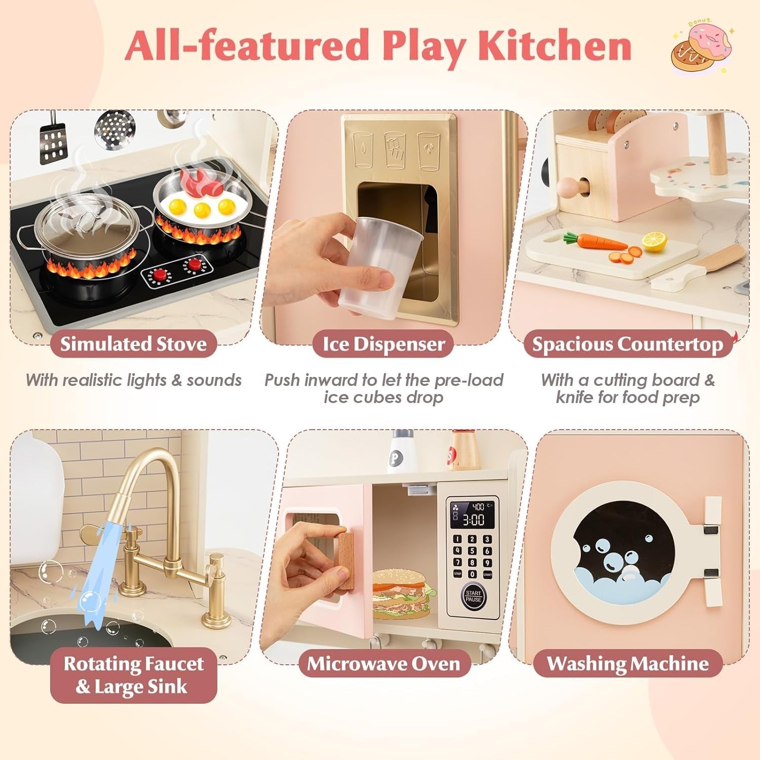Kids Wooden Play Kitchen Light Sound Coffee Machine Toaster Pink Toy