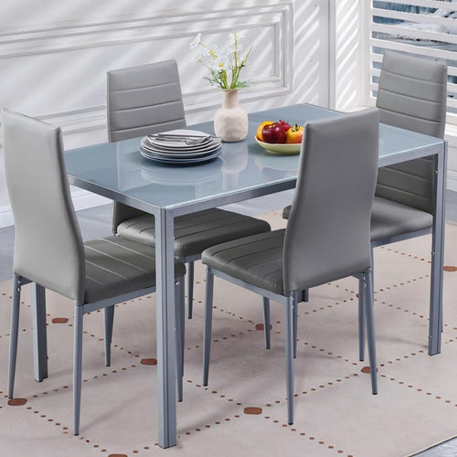 Grey Glass Dining Table and 4 Faux Leather Chairs Set 120x70x75cm