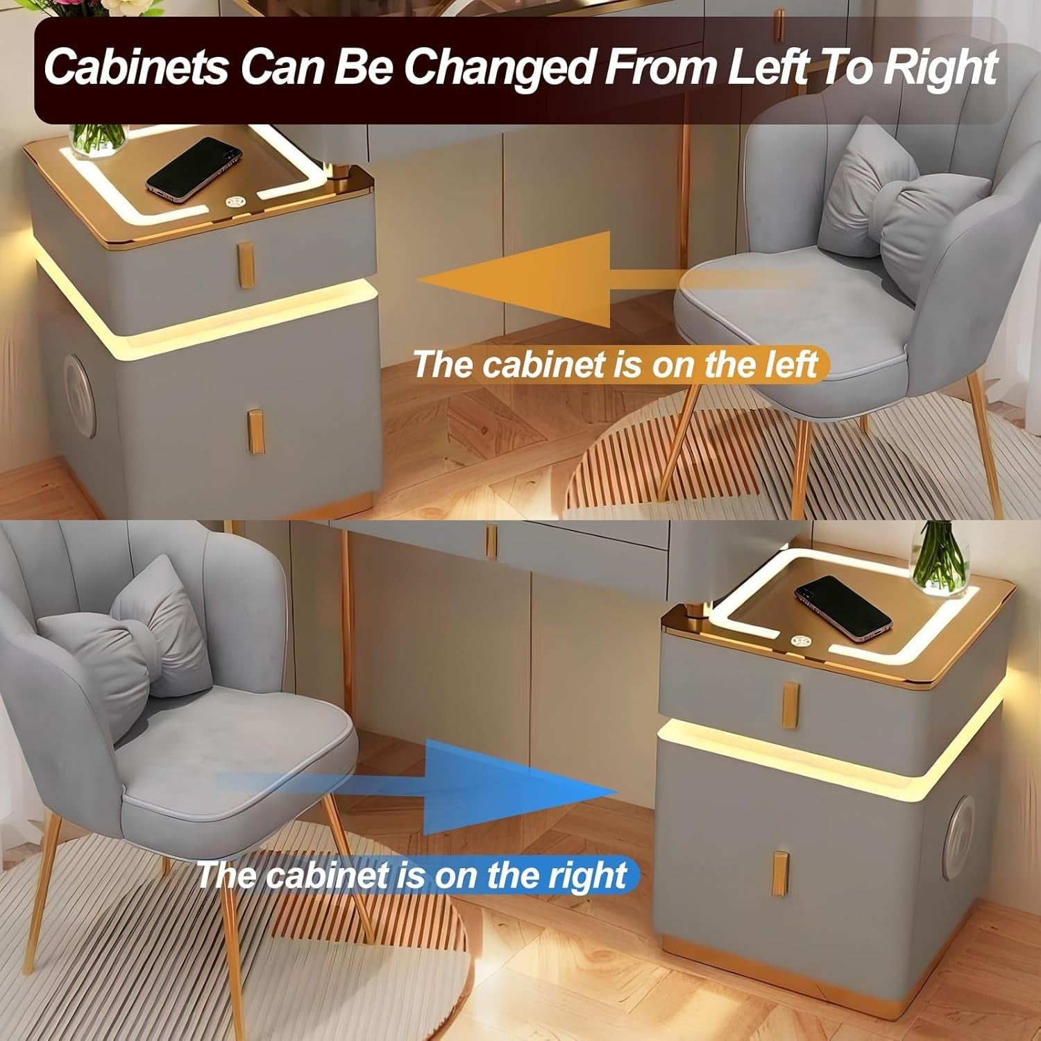 Modern Vanity Dressing Table Set w/ Mirror, Tri-Color LED Lights, Wireless Charg