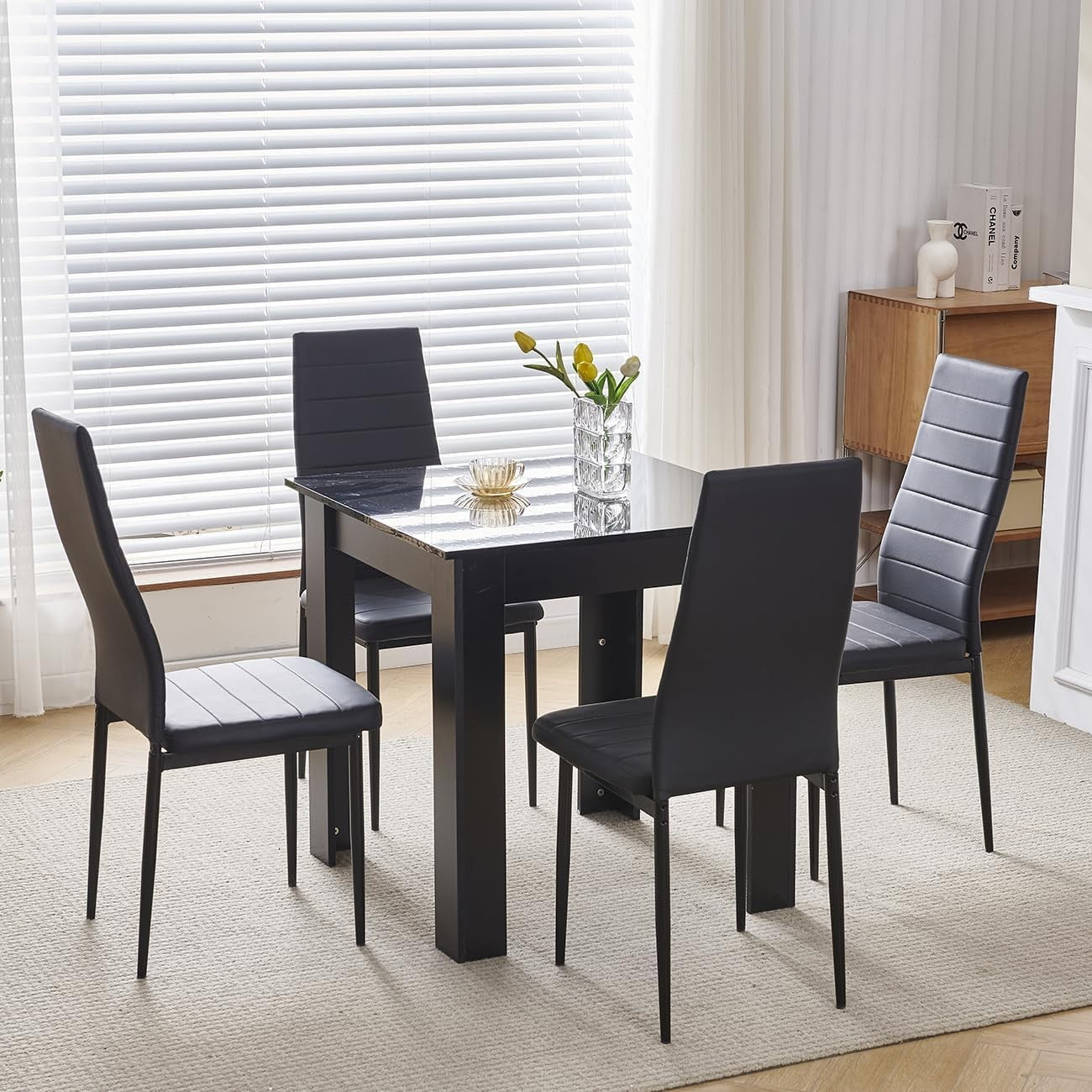 3 Piece Dining Table Set Black PU Chairs Small Space Kitchen Apartment