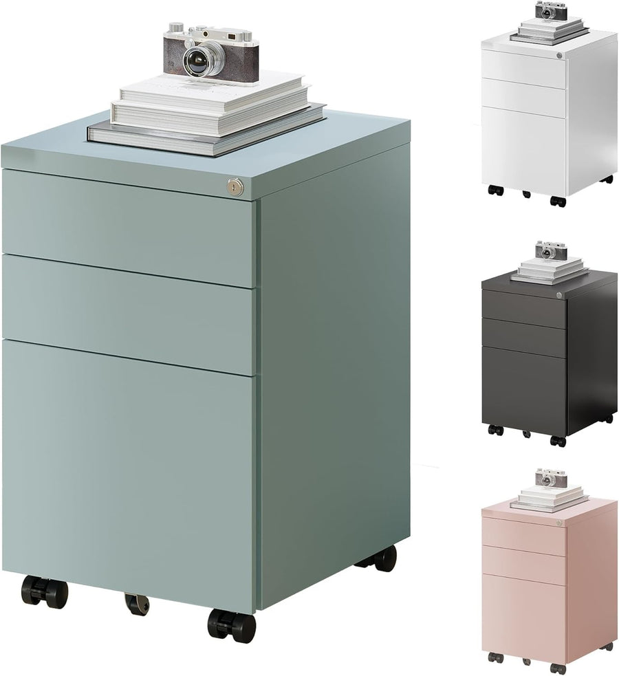 Grey Blue Mobile Filing Cabinet 3 Drawer Lockable Under Desk