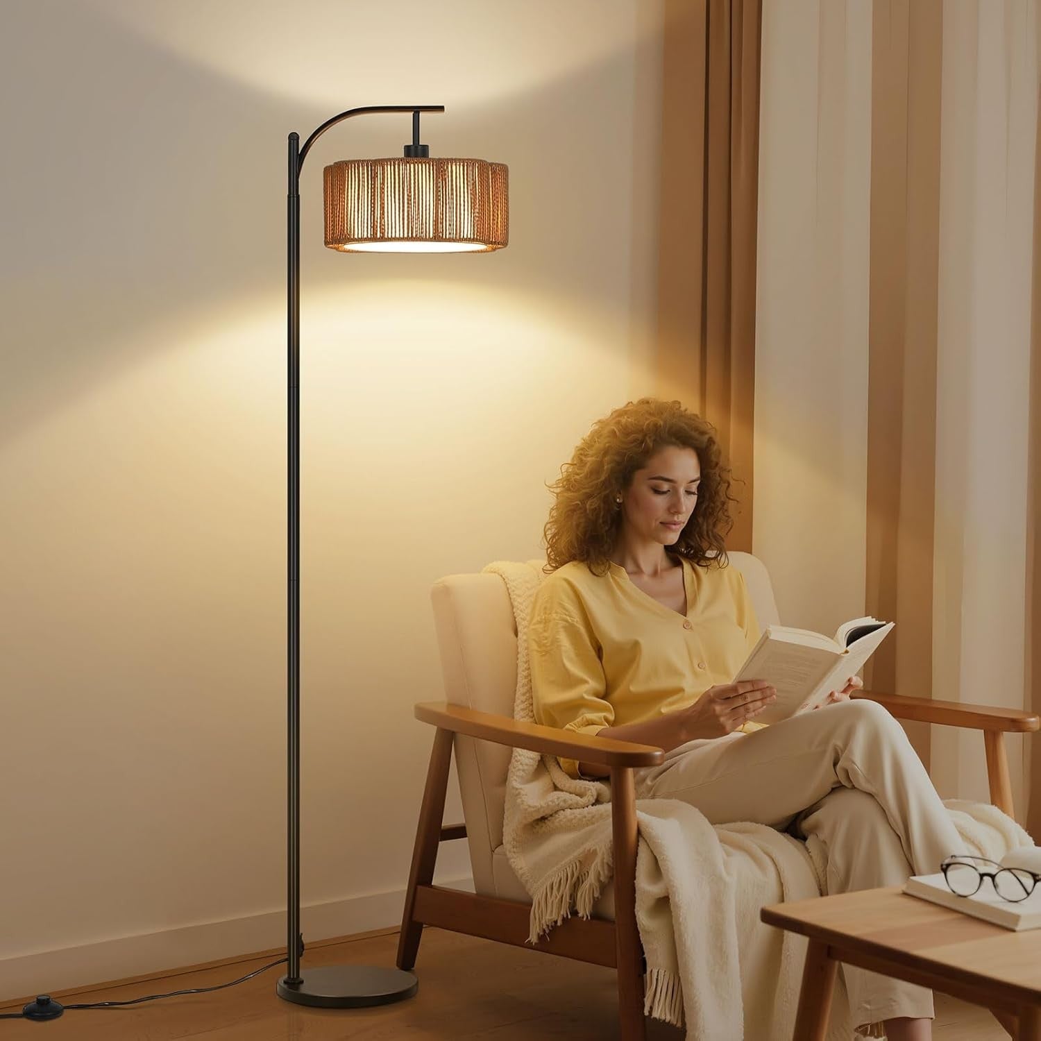 Rattan Boho Floor Lamp Dimmable 3 Colour Standing Light Foot Switch