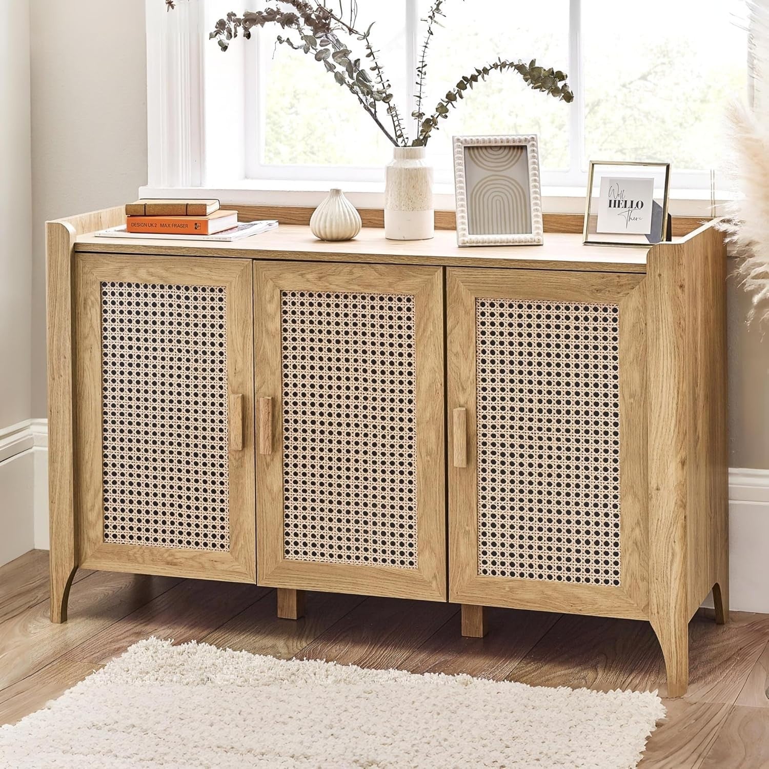 Bohemian Oak Sideboard 3 Doors Storage Cabinet with Shelving for Living Room