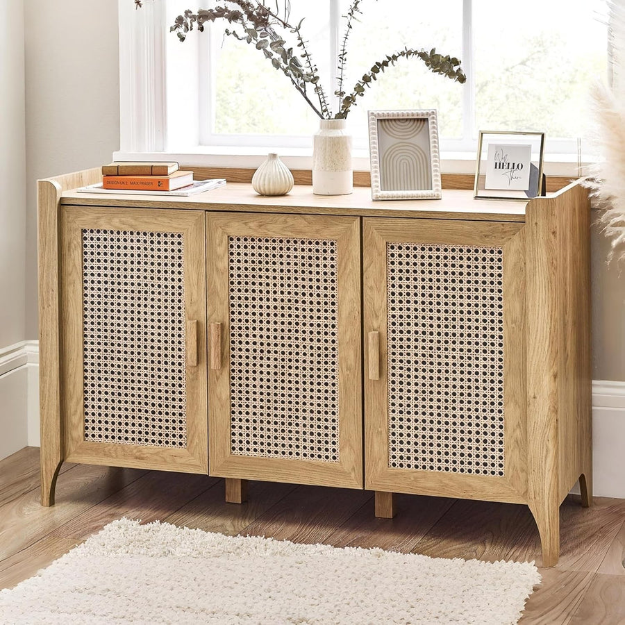 Bohemian Oak Sideboard 3 Doors Storage Cabinet with Shelving for Living Room
