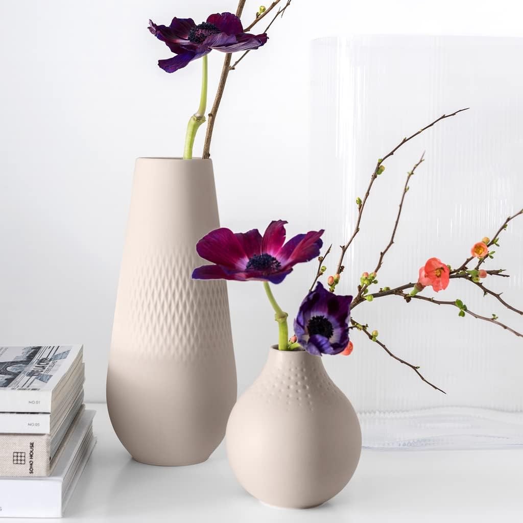 Tall Porcelain Vase 26cm Beige Modern Textured Table Floor Decor