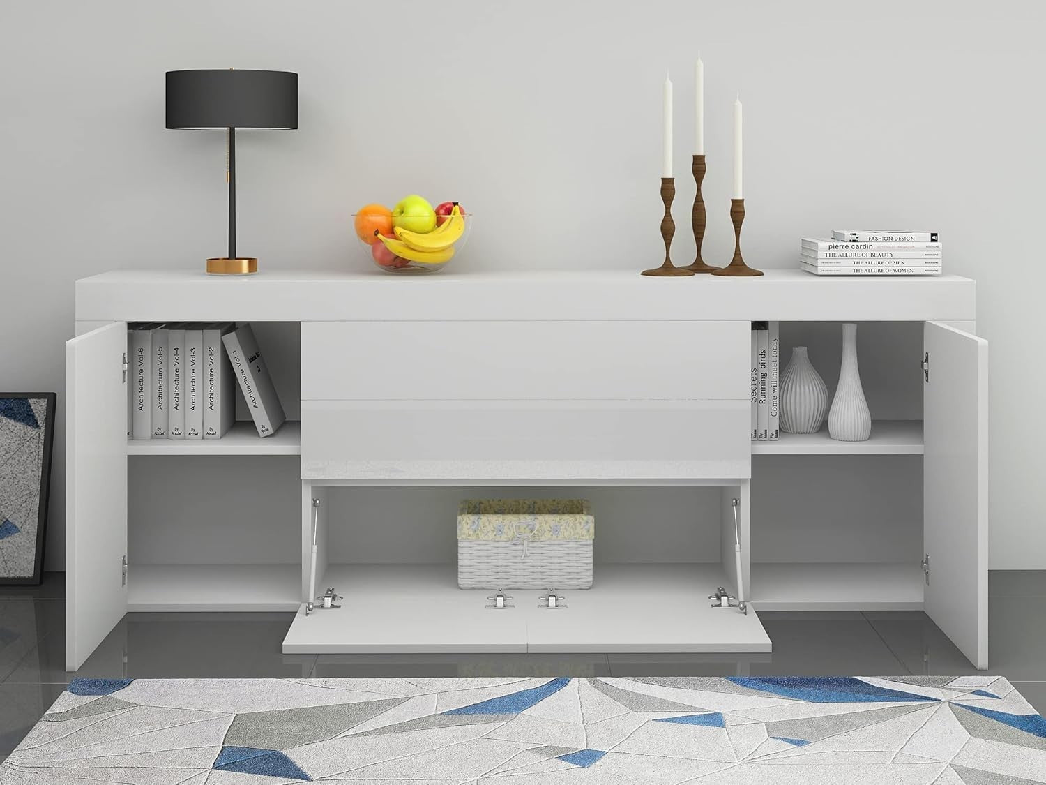 Modern White Sideboard 200cm Gloss Cabinet Unit Storage Drawers Doors