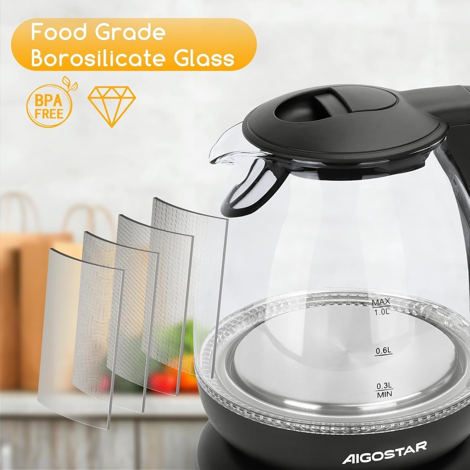 1L Black Glass Electric Kettle Fast Boil Cordless Auto Shut-Off Portable