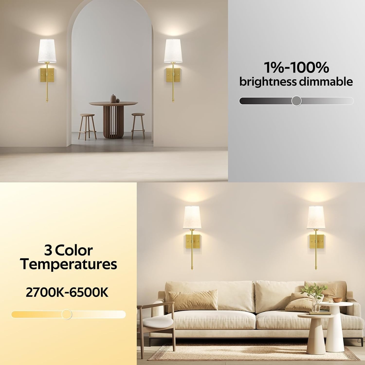 Battery Wall Sconces Gold Set of 2 | Remote Dimmable 3-Tone Light + Timer