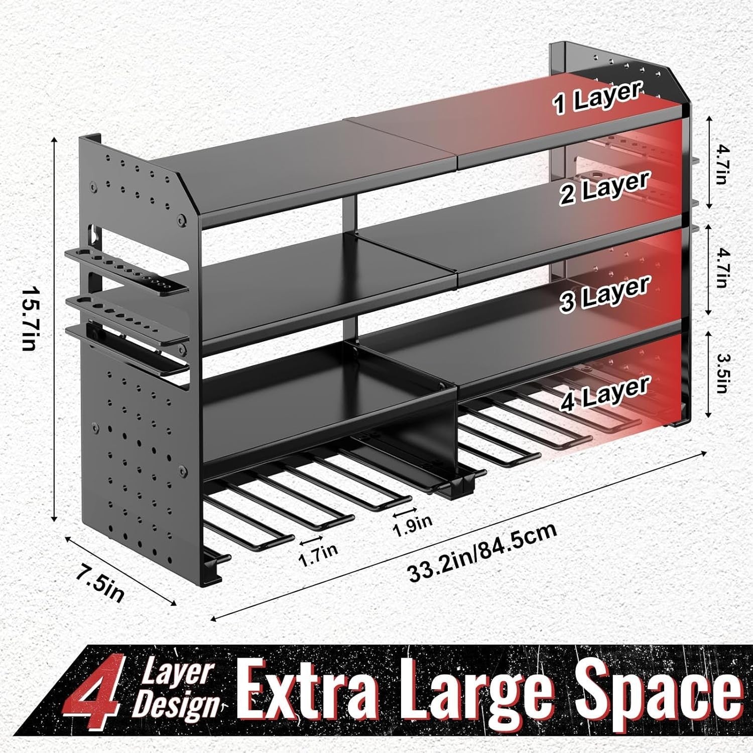 Wall-Mounted Power Tool Rack 4-Tier Screwdriver Holder Black Metal