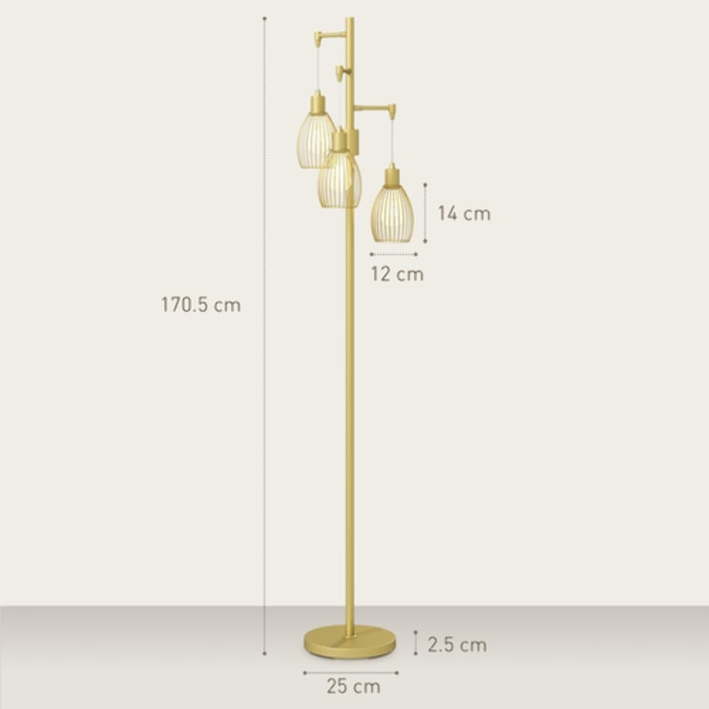 Gold Industrial 3 Light Floor Lamp Dimmable Steel Cage Standing Lamp