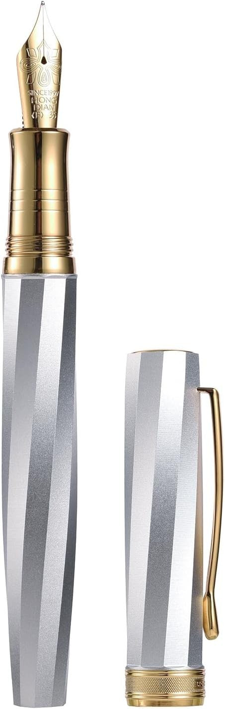 Luxury Metal Fountain Pen Extra Fine Gold Nib Silver Twill Gift Case