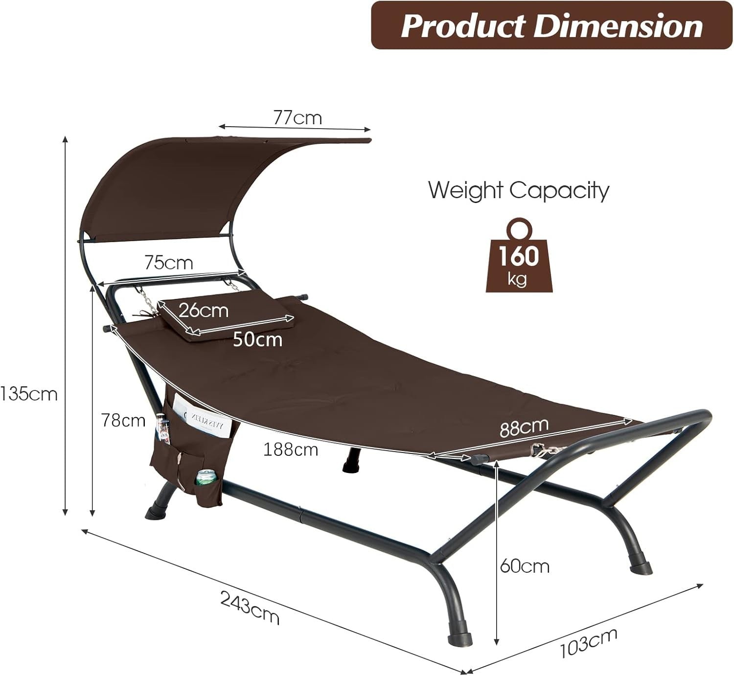 Luxury Outdoor Coffee Hammock with Stand & Canopy, Padded Lounger 243x103x135cm