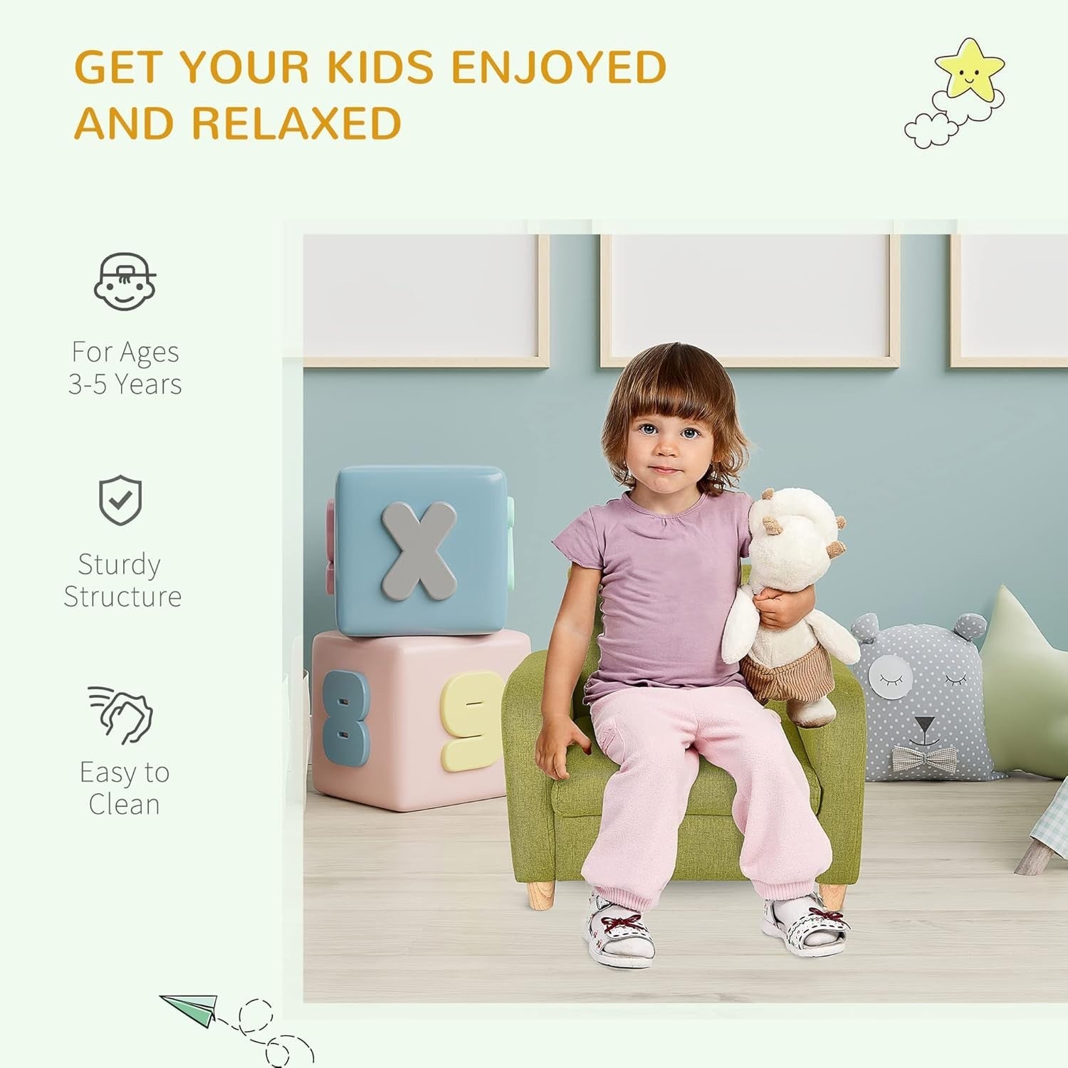 Kids Armchair Chair Toddler High Back Seat Anti-Slip Legs Soft Foam