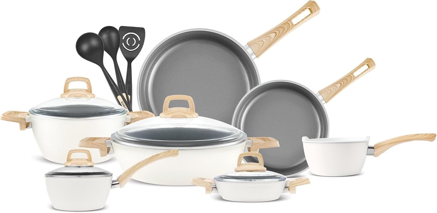 15Pcs Cream Ceramic Non-Stick Cookware Set with Lids & Utensils, PFAS-Free