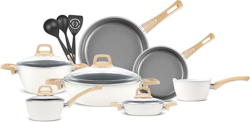15Pcs Cream Ceramic Non-Stick Cookware Set with Lids & Utensils, PFAS-Free