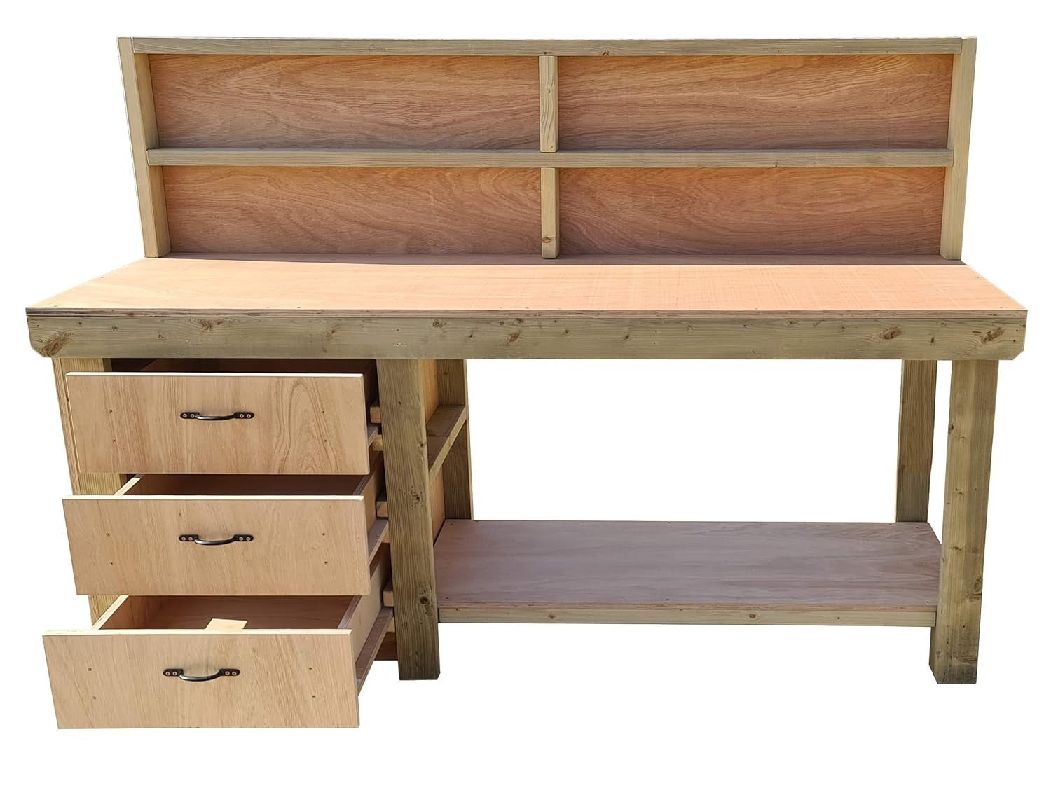 7ft Heavy Duty Wooden Workbench – Eucalyptus Top, 3 Drawers, Shelf & Back Panel
