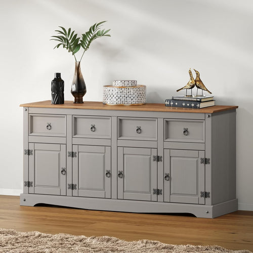 Shabby Chic Grey Pine Sideboard 4 Door 4 Drawer Storage Cabinet Crockery Unit