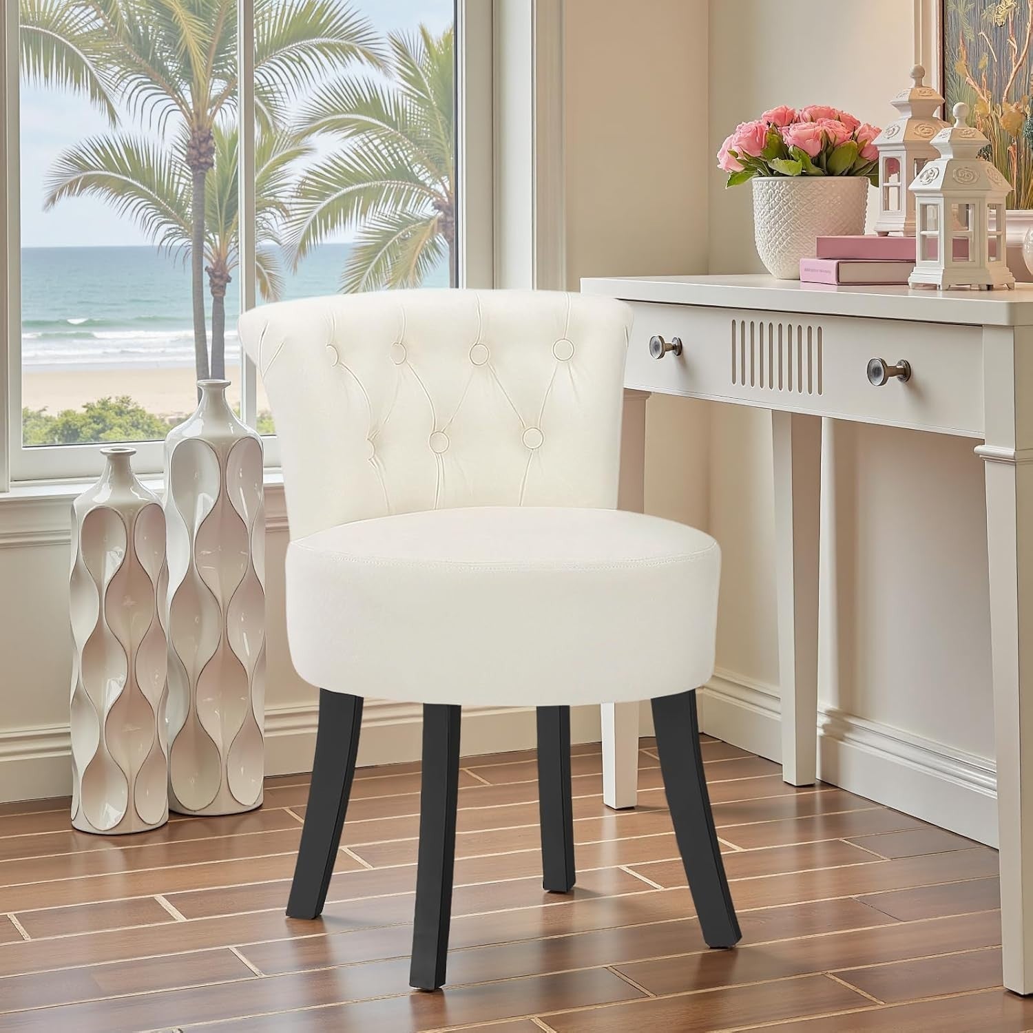 Beige High-Back Vanity Stool with Wooden Legs – Comfy Dressing Table Chair