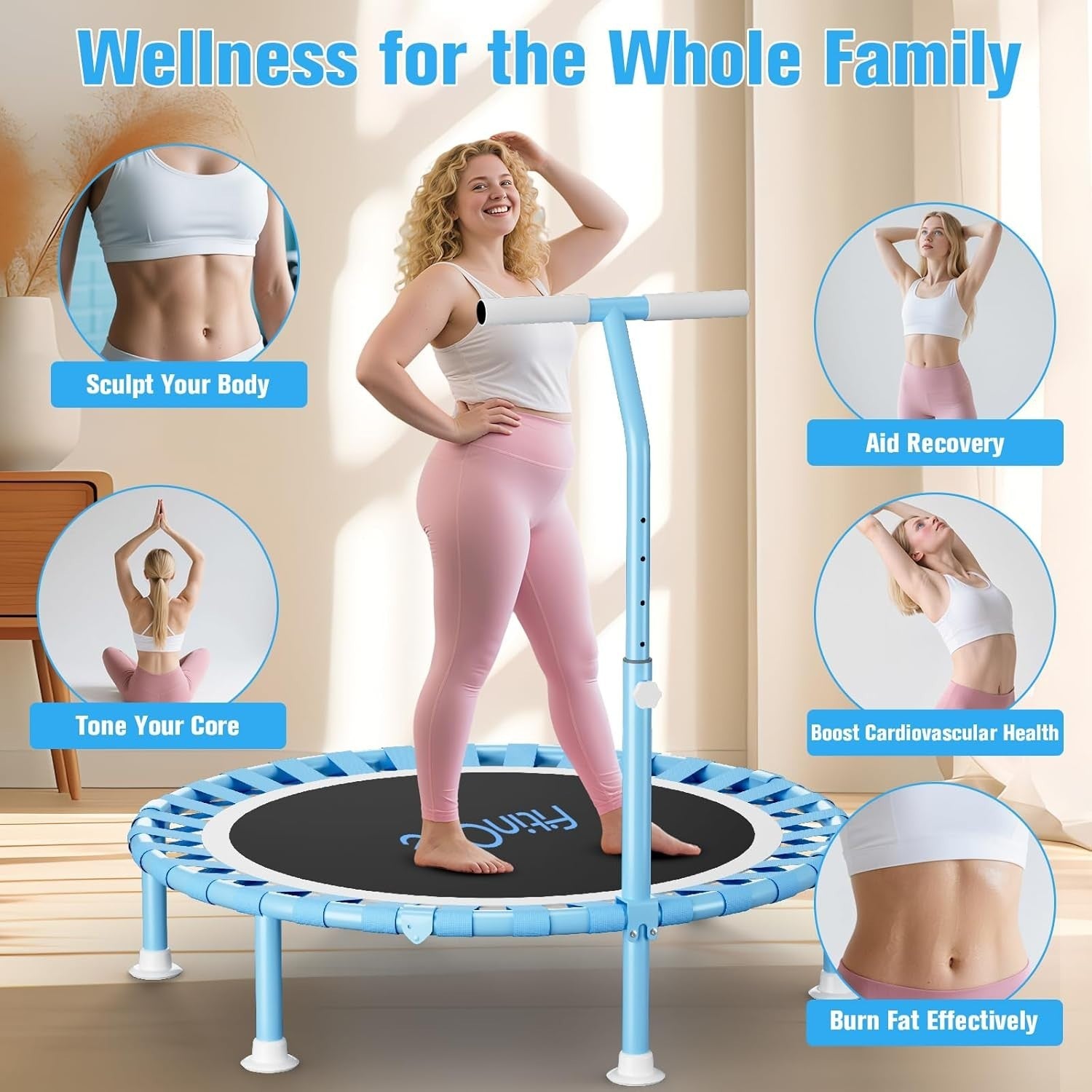 40” Folding Mini Trampoline Indoor Rebounder w T Handle Quiet 150KG