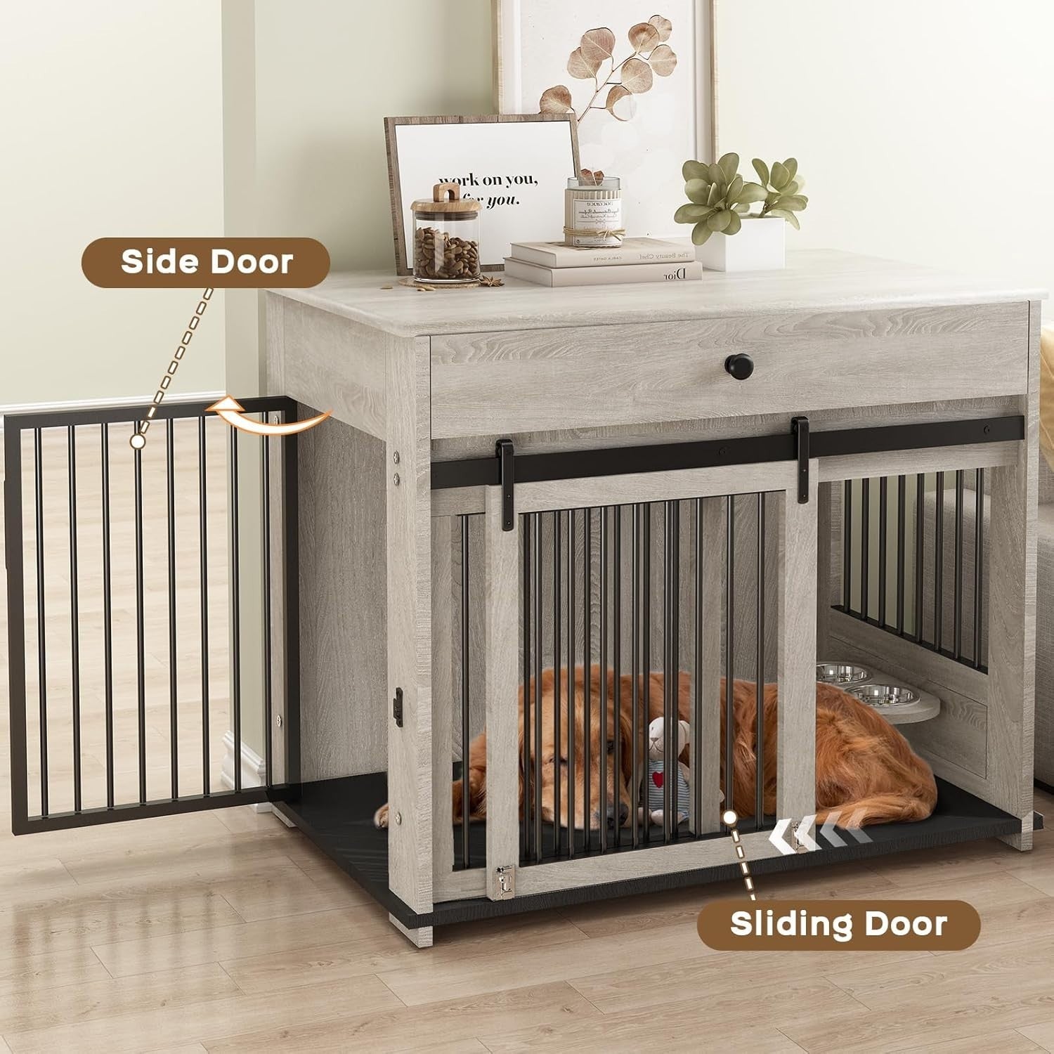 Large Indoor Wooden Dog Crate with Sliding Doors, Drawer & Rotatable Bowl