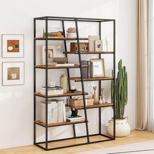 7-Tier Industrial Metal Bookshelf Large Rustic Wood Display & Storage Unit
