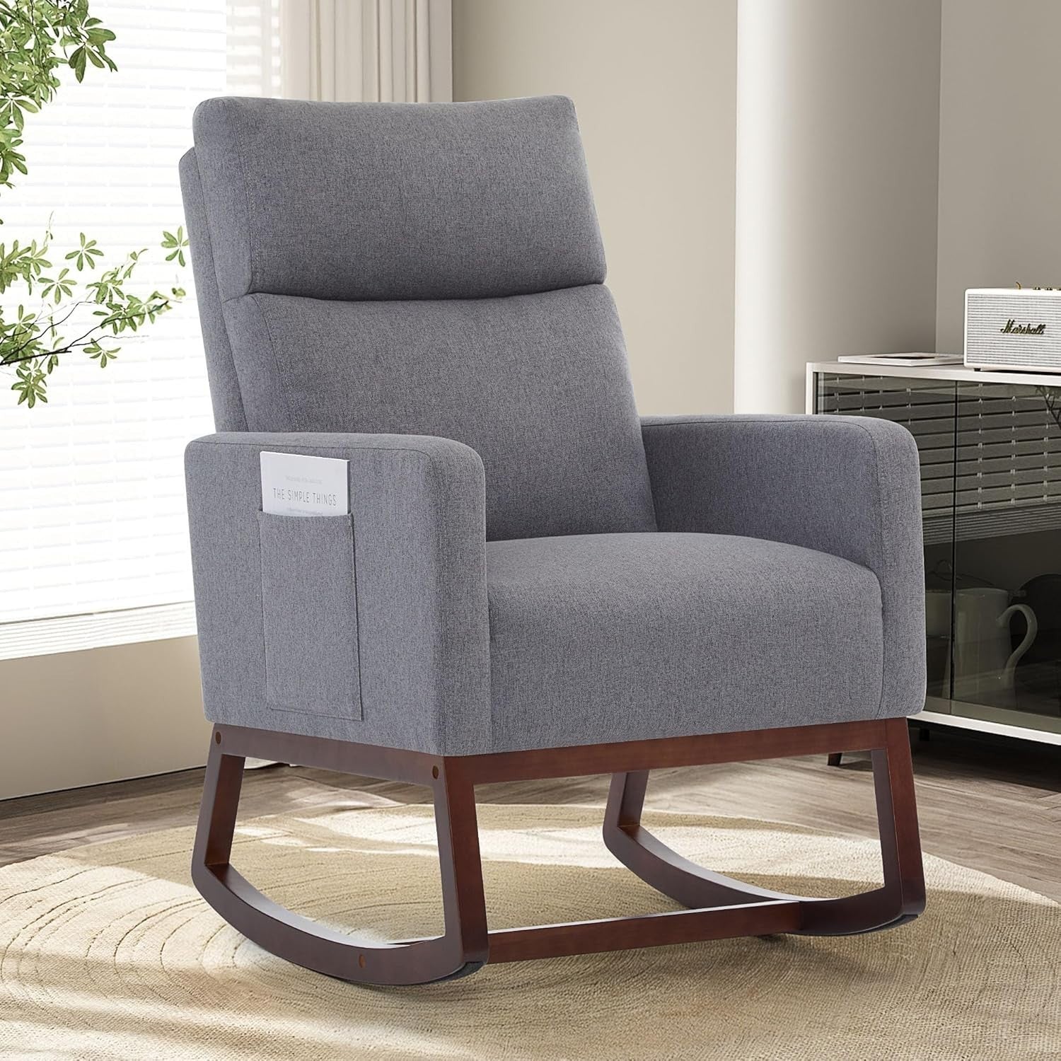 Modern Linen Rocking Chair with High Back & Side Pockets for Adults