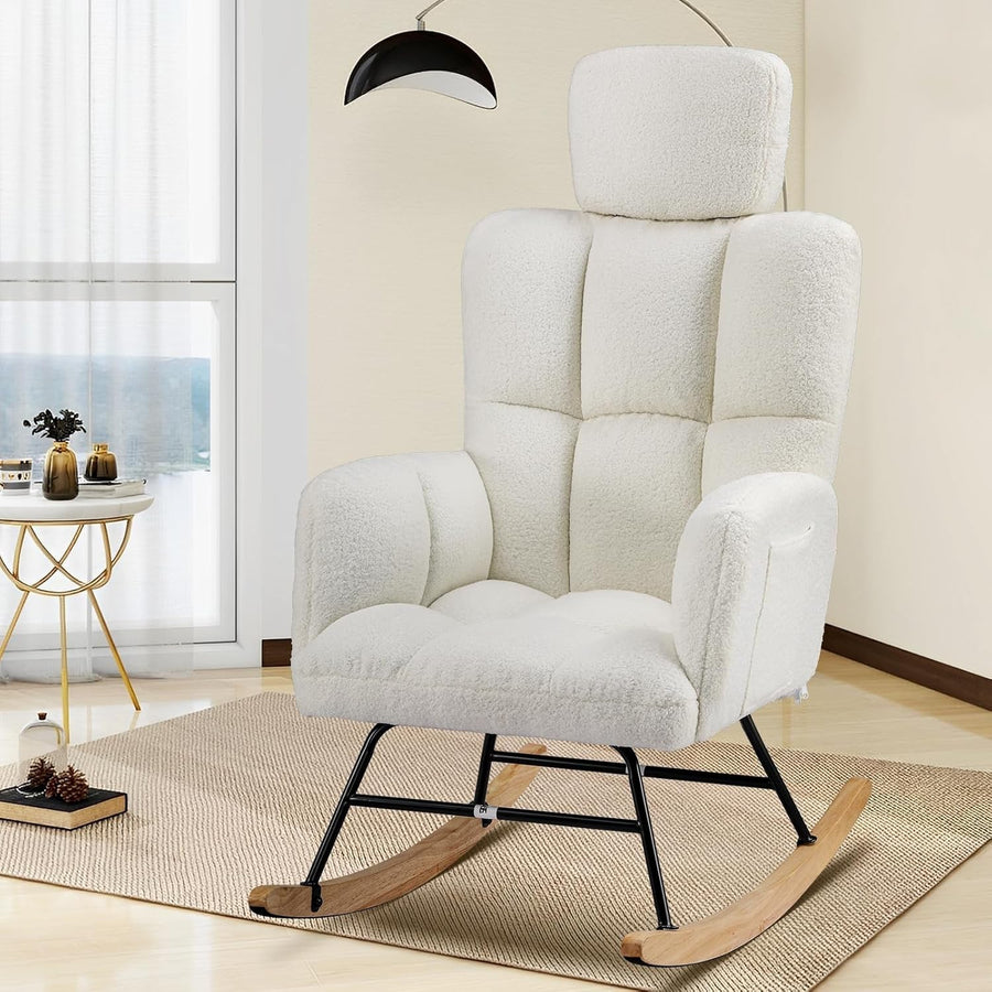 Comfortable Rocking Chair with Adjustable Headrest & Soft Faux Fur Upholstery