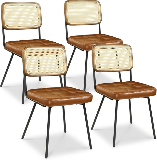 Rattan Dining Chairs Set of 4 Cane Back Faux Leather Mid Century Kitchen